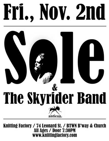 Sole & The Skyrider Band in NYC (11/2, 7:30pm)